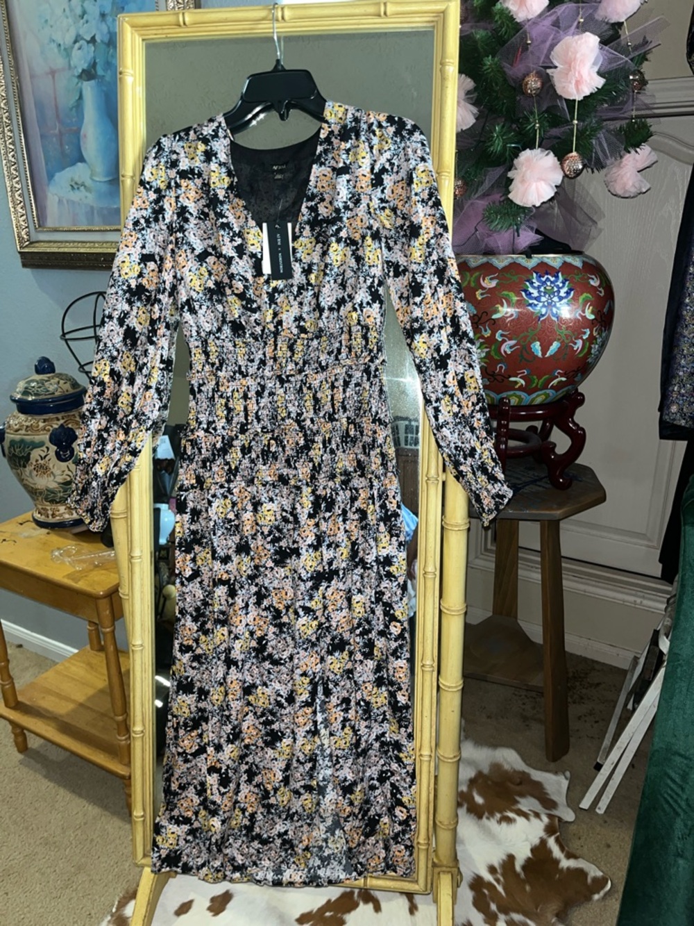 AFRM Floral Long Sleeve Midi Dress - Black/Multi